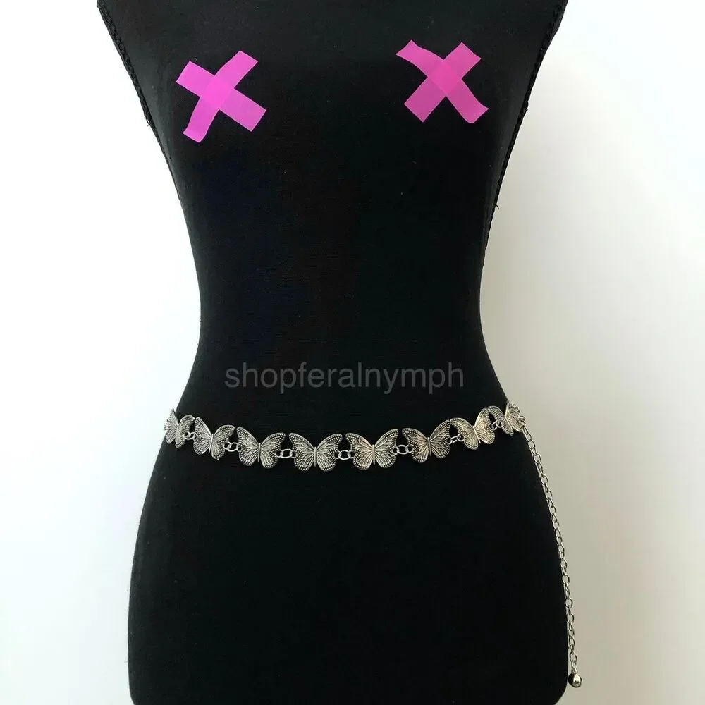Vintage Y2K Silver Butterfly Chain Belt, Fits 12–36 Inches, X7GA1225